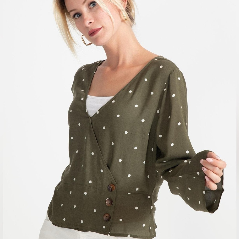 Abercrombie & Fitch Olive Green & White Polka Dot Long sleeve Wrap Blouse-size S